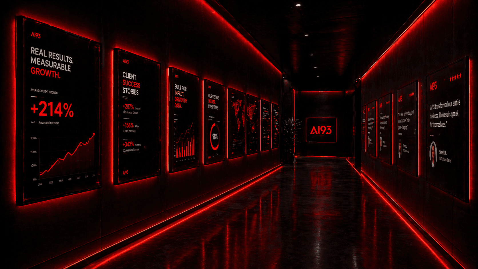 AI93 Results Hall - a corridor of framed client case studies and growth charts